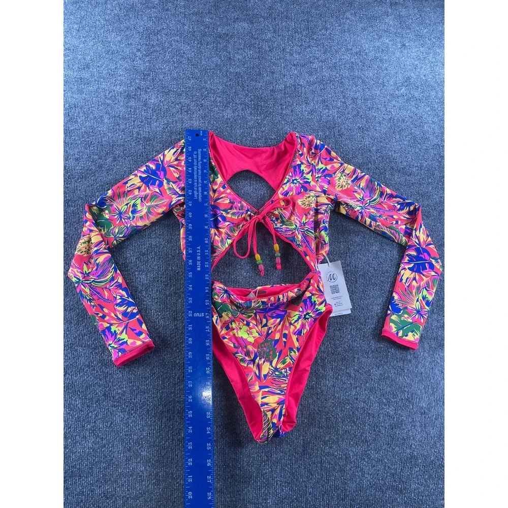 Maaji Reversible Long Sleeve One Piece Swimsuit Tropical Floral Cutout Small